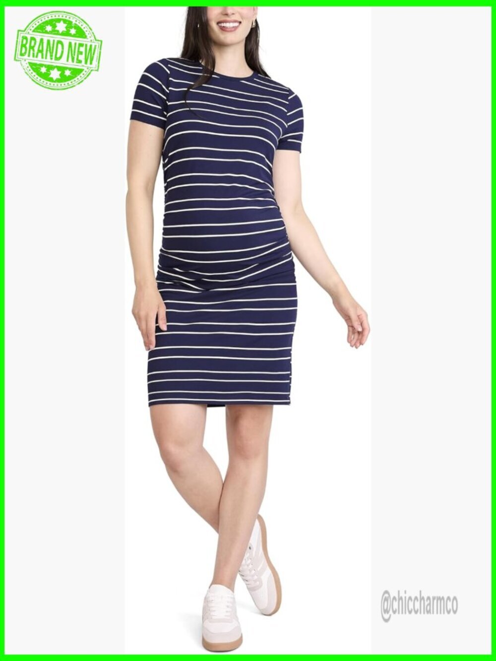 Maternity Crewneck Short Sleeve Side Ruched Bodycon Mini Dress